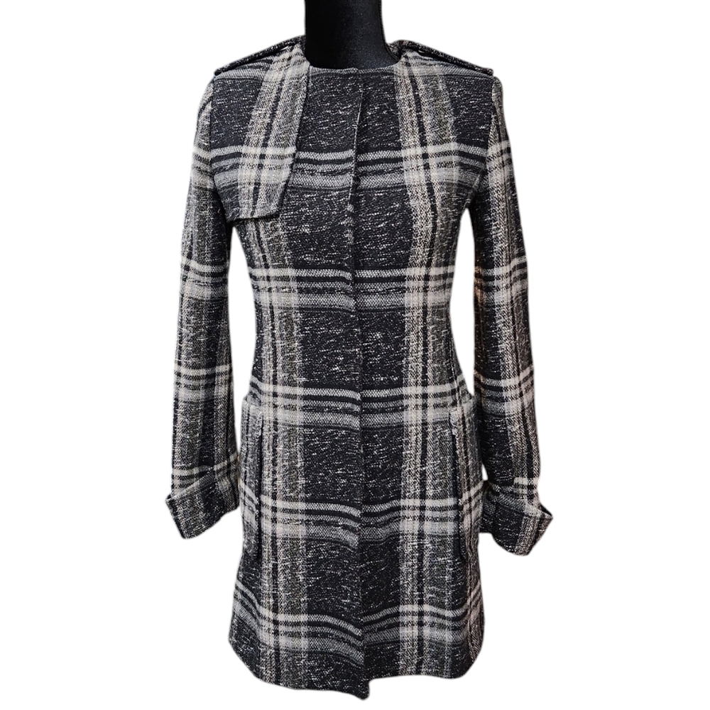 Zara Basic Gray Wool Blend Plaid Coat Lined Xs - image 1